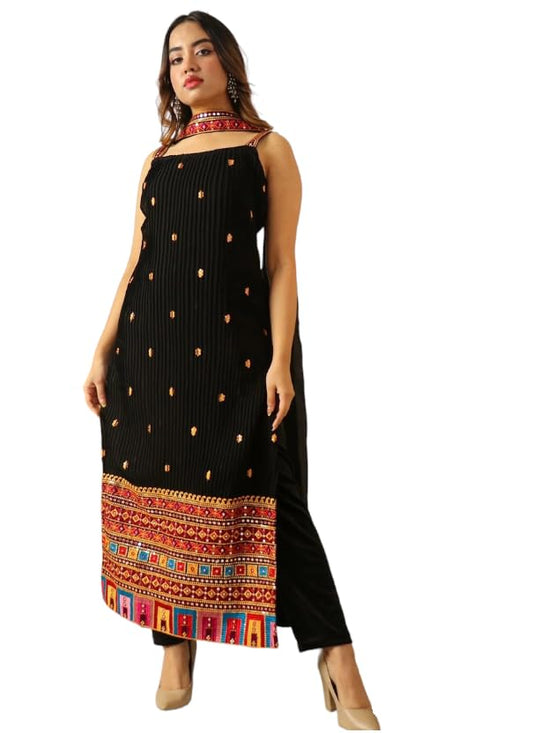 Fashion Basket Georgette Embroidered Black Kurta Set for Women