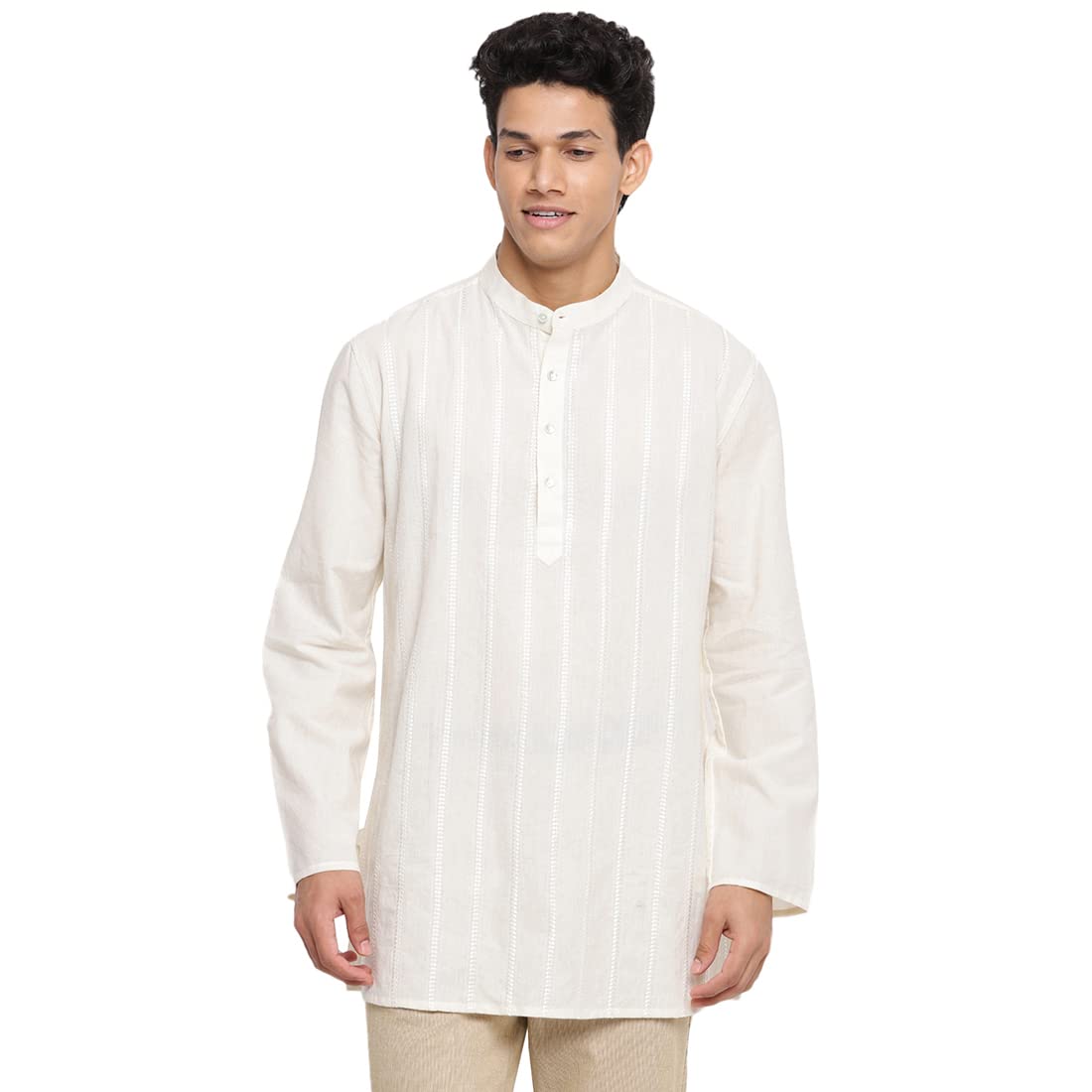 Fabindia Men Cotton Embroidered Short Kurta Natural_L