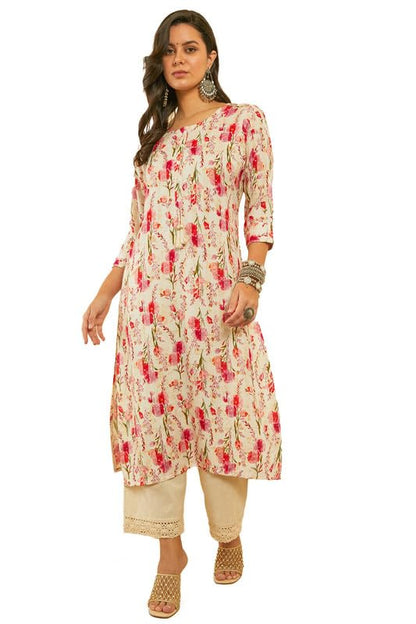 Soch Womens Fuchsia Straight Floral Print Rayon Kurta with Kantha Weave