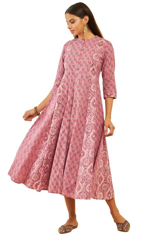 Soch Womens Onion Pink Cotton Floral Print Flared Dress With Gota Patti Work