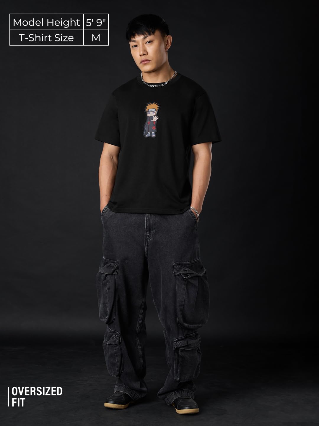The Souled Store Naruto Shippuden: Chibi Pain Men and Boys Short Sleeves Round Neck Black Embellished Cotton Relaxed Fit Lightwe