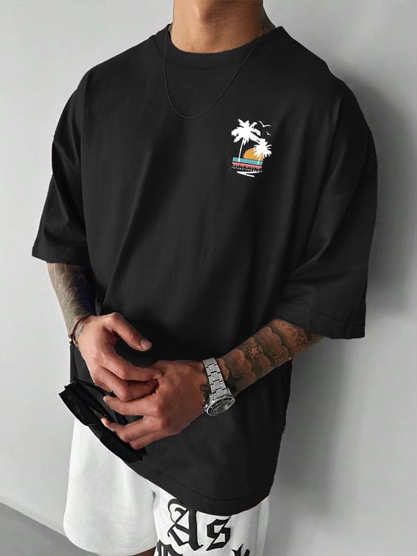 SMOWKLY Authentics Mens Cotton Blend Brooklyn Beach Graphic Printed T Shirt || Crew Neck Pullover Tee || Casual Baggy Fit Urban