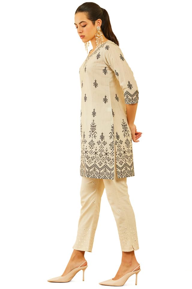 Soch Womens Beige Poly Muslin Floral Printed Kurta With Cutdana