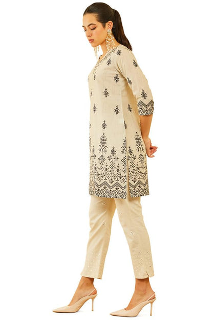 Soch Womens Beige Poly Muslin Floral Printed Kurta With Cutdana