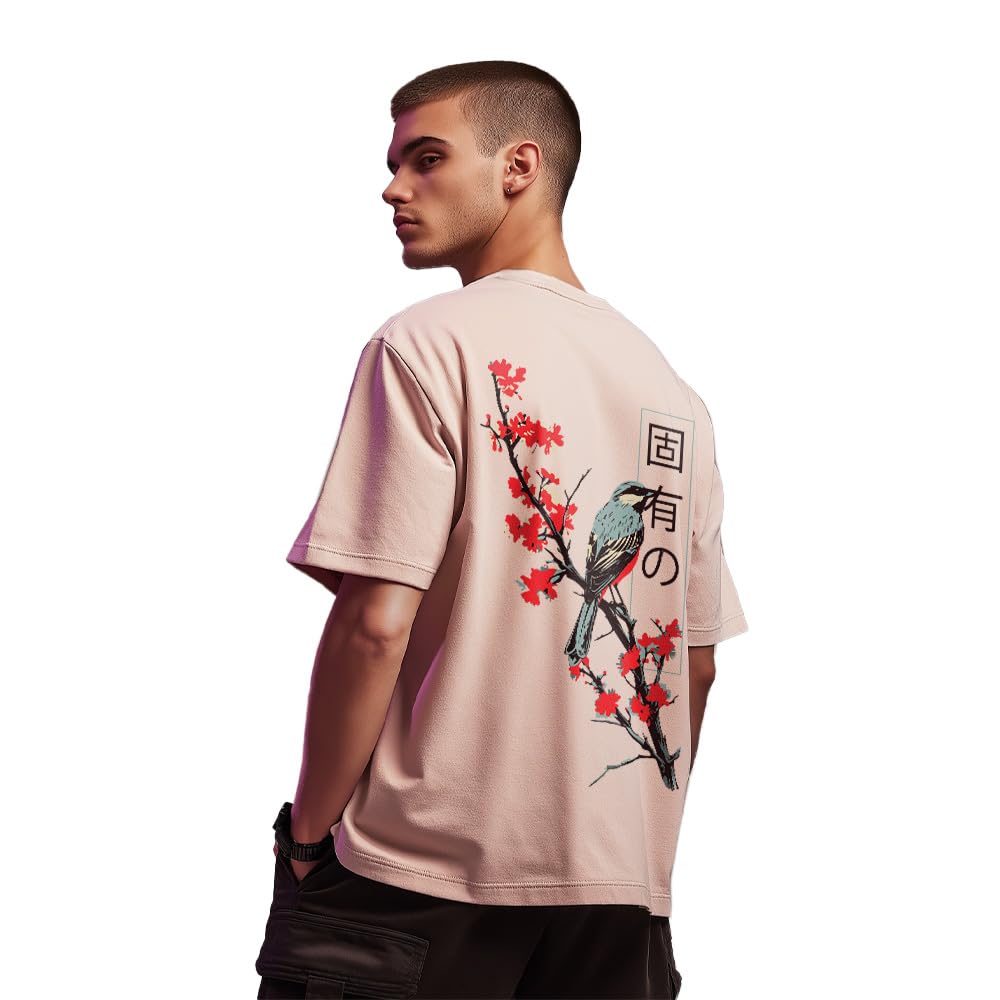 Nobero MenS Graphic Print Oversized Fit T-Shirt (1M-Twrt-C1005-Bs_Inherit-Blush