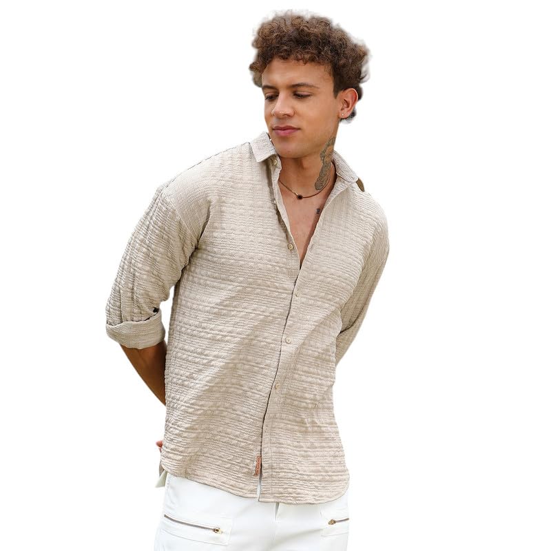 Campus Sutra Mens Saltbox Beige Dimentional-Textured Shirt | Casual Wear | Spread Collar | Long Sleeve | Button Closure | Shirt