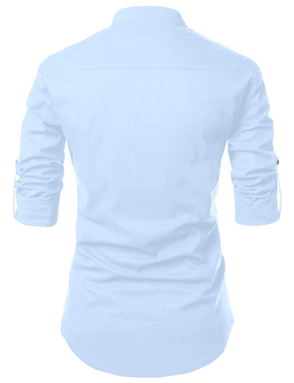 Zombom MenS Solid Cotton Blend Casual Regular Fit Mandarin/Chinese Collor Full Sleeve Kurta Shirt For Men Sky Blue