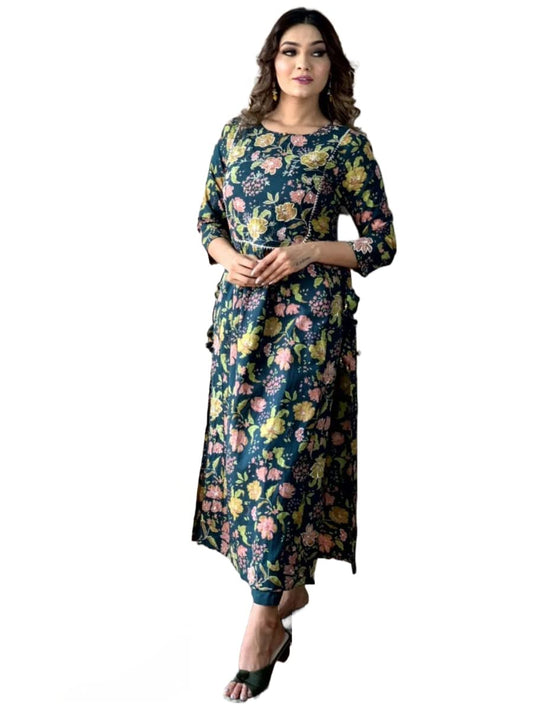 GoSriKi Women's Cotton Blend Printed Straight Kurta with Pant (Tilak Green-Nw-GS)
