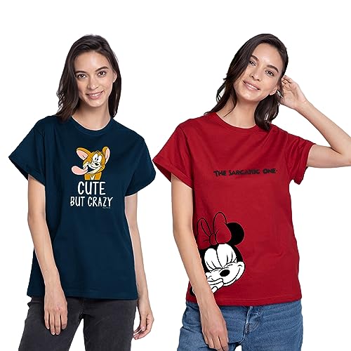 Bewakoof X Official Tom & Jerry Merchandise Womens Graphic Printed 100% Cotton T-Shirts (Pack of 2) - Boyfriend Fit, Round Neck