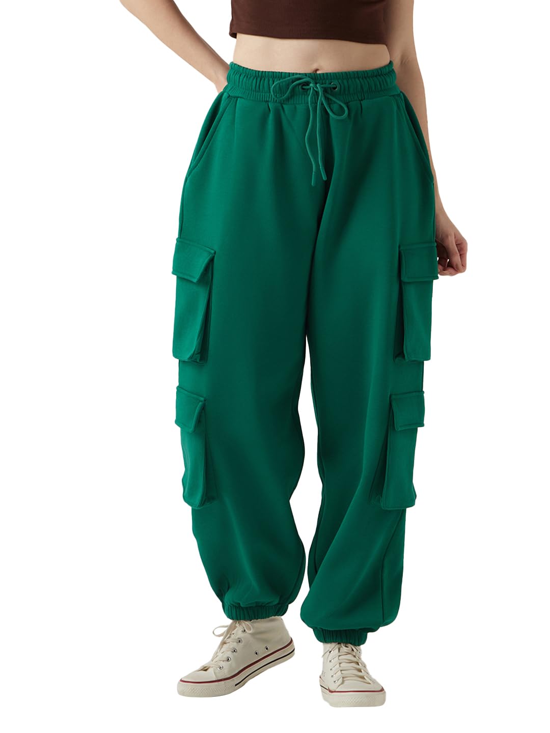 Bewakoof Women High Rise Heavy Duty 1.0 Solid Super Loose Fit Fleece Cargo Joggers_646702_Green_L