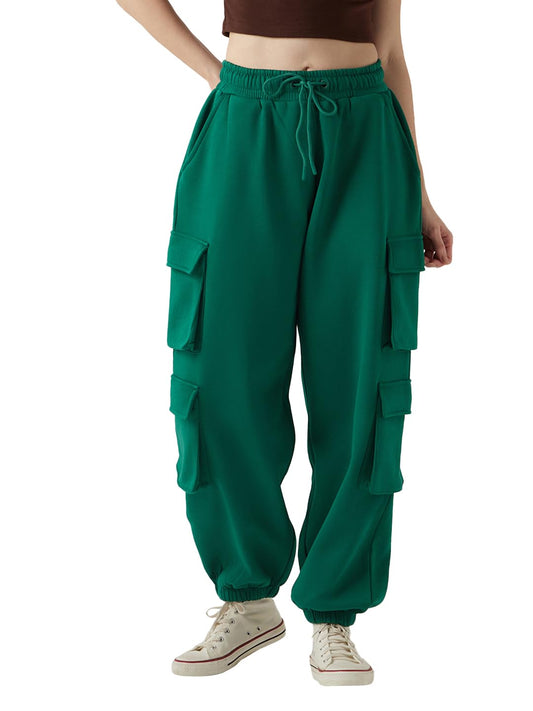 Bewakoof Women High Rise Heavy Duty 1.0 Solid Super Loose Fit Fleece Cargo Joggers_646702_Green_L