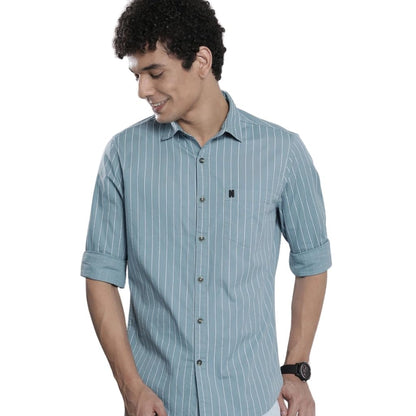 The Indian Garage Co Blue Regular Fit Cutaway Collar Striped Long Sleeves Shirt