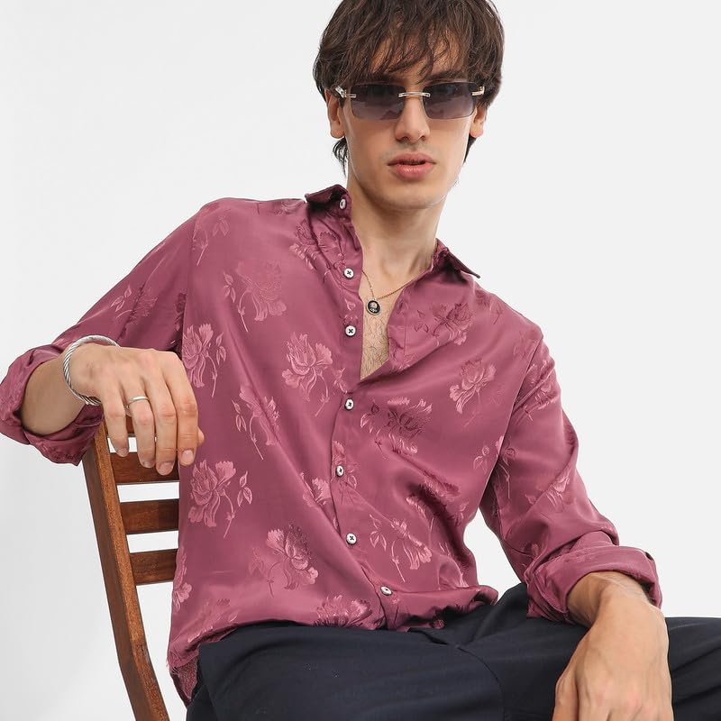 Campus Sutra Mens Rouge Pink Self-Design Floral Shirt for Casual Wear | Spread Collar | Long Sleeve | Button Closure | Shirt Cr