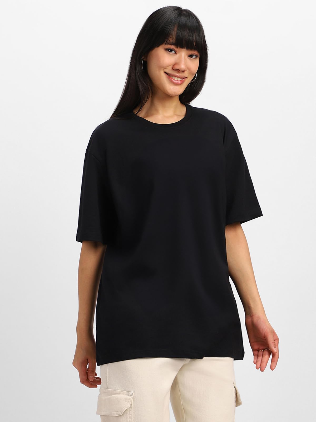 Juneberry Round Neck Drop Shoulder Black Back Graphic Printed Pure Cotton Oversized T-Shirt For Women/Girls (Gl_Os_Trvmrwrls_Bk_