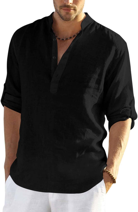 Hemrin MenS Cotton Blend Full Sleeve Short Kurta Shirt With Mandarin Collar Black