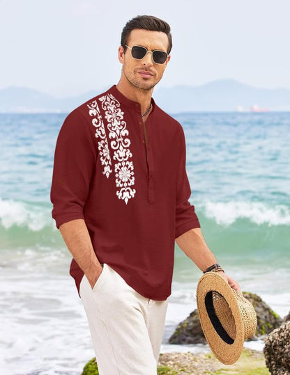 Royalscout MenS Regular Fit Stylish Embroidered Design Cotton Blend Full Sleeve Short Straight Kurta Shirt Maroon
