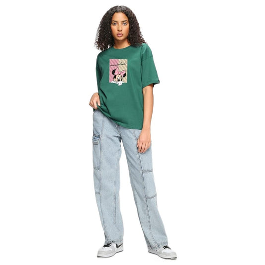 Bewakoof Womens Unique Minnie (DL) Graphic Print Cotton T-Shirt- Oversized Fit, Round Neck, Half Sleeves 567810_Green_M