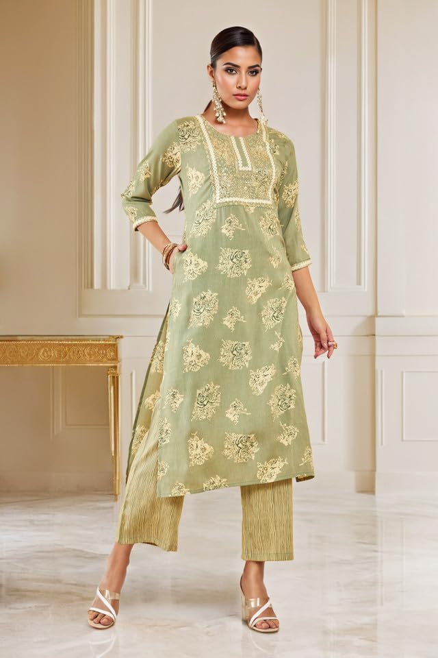 Soch Womens Sap Green Rayon Embroidered Kurta Set With Sequins