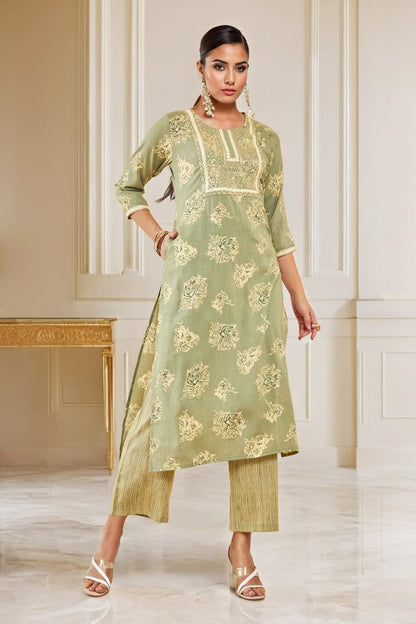 Soch Womens Sap Green Rayon Embroidered Kurta Set With Sequins