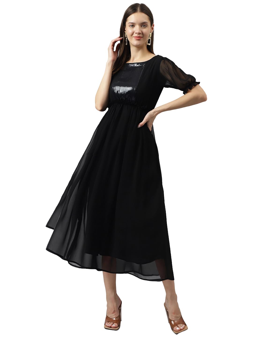 Toochki WomenS Black Sequence Georgette Solid Fit & Flared Western Dress | Dress For Women | A Line Dress | Winter Dress | West
