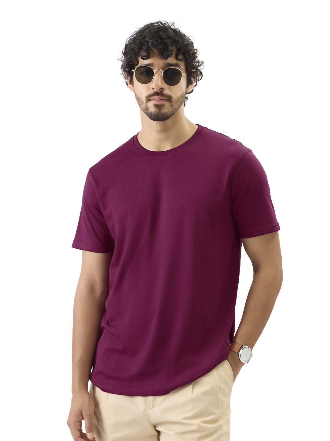 The Souled Store Wine Red Men and Boys Short Sleeve Round Neck Solids Regular Fit Cotton Supima T-Shirts