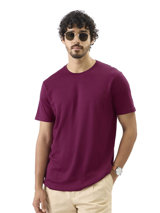 The Souled Store Wine Red Men and Boys Short Sleeve Round Neck Solids Regular Fit Cotton Supima T-Shirts