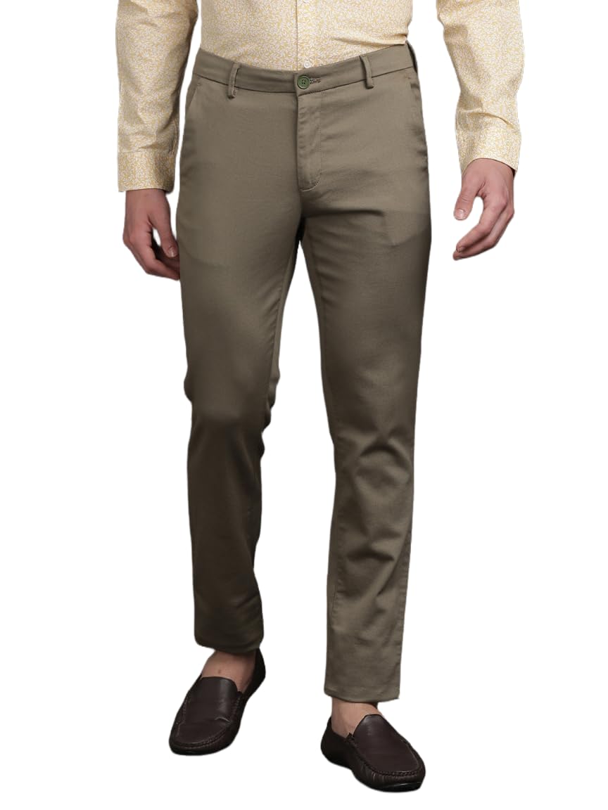 Turtle Men Narrow Fit Dobby Cotton Stretch Brown Casual Trouser