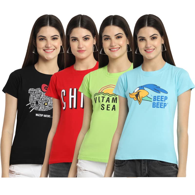 Preneum Womens Cotton Regular Fit Latest Graphic Stylish Printed Short Sleeves Casual T-Shirt || Trendy Designs & Stylish (Pack
