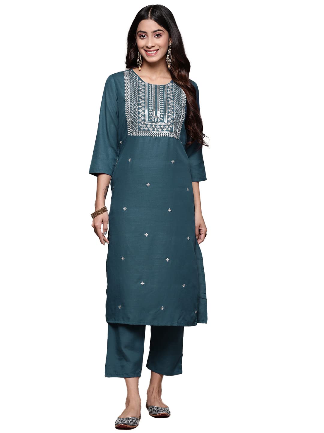 anubhutee Women's Rayon Blue Ethnic Motifs Zari Work Embroidered Straight Kurta Suit Set with Pants