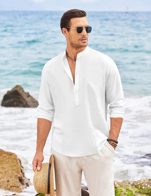 Macsivo MenS Cotton Polyester Henley Short Kurta With Mandarin Collar Long Sleeeve Button Closure Curved Hem Regular Fit | Kurt