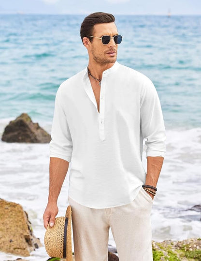 Macsivo MenS Cotton Polyester Henley Short Kurta With Mandarin Collar Long Sleeeve Button Closure Curved Hem Regular Fit | Kurt
