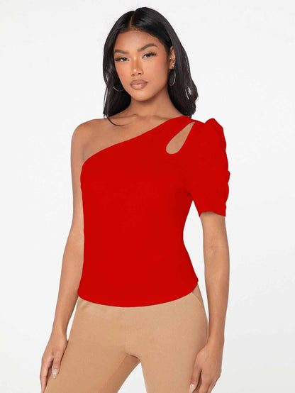 Shasmi Womens & Girls Red Short Puff Sleeve, One Shoulder Neck, Ruched Bust Solid Tops for Women/Tops, T-Shirts for Girls (TOP