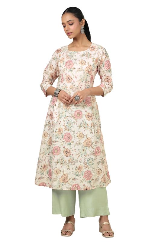 Soch Womens Beige Linen Floral Print Kurta with Beads and Stones