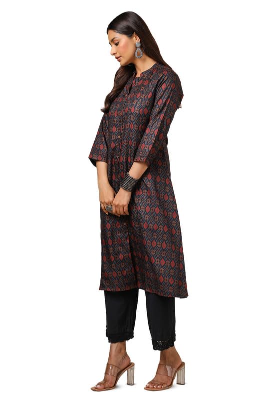 Soch Womens Navy Blue Linen Blend Ikat Print Kurta
