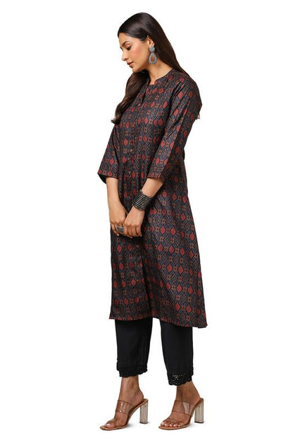 Soch Womens Navy Blue Linen Blend Ikat Print Kurta