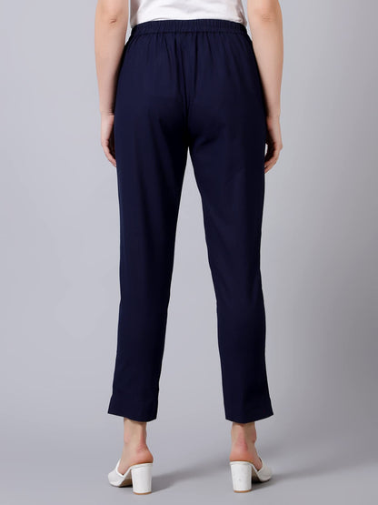 Idalia Navy Blue Solid Cotton Trouser For Women Formal Trousers With 2 Pocket Fusion Wear Trouser Pants For Ladies