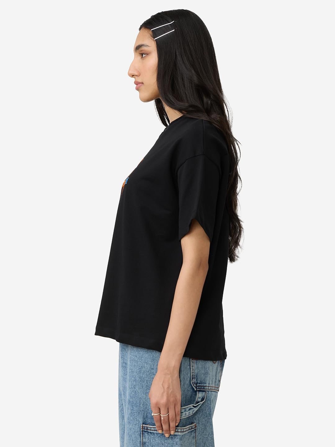 The Souled Store ISRO: Logo Women and Girls Short Sleeve Round Neck Black Embroidered Cotton Oversized T-Shirts