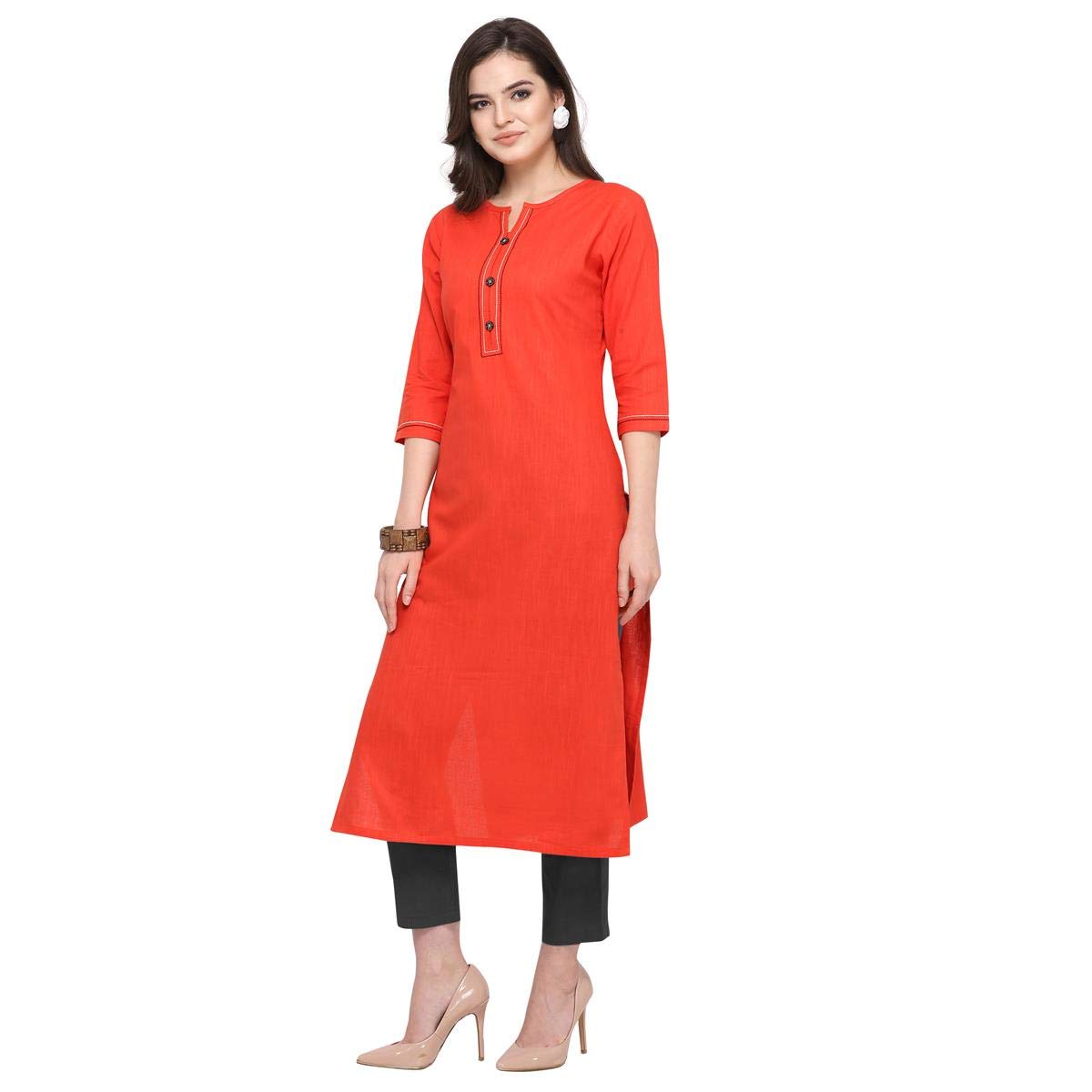 ANNI DESIGNER Women's Red Color South Cotton Calf Length Kurti (PUJA-KURTI-7006)
