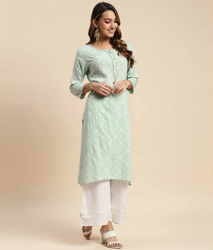 rangita Mint Green Rayon Calf Length Printed Straight Kurti for Women | Kurta for Women