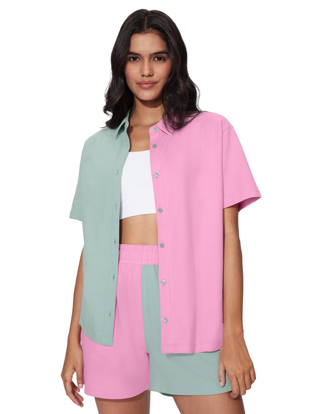 The Souled Store Solids: Pink, Green Colourblock Women and Girls Short Sleeves Collared Neck Button Front Cotton Boyfriend Shirt