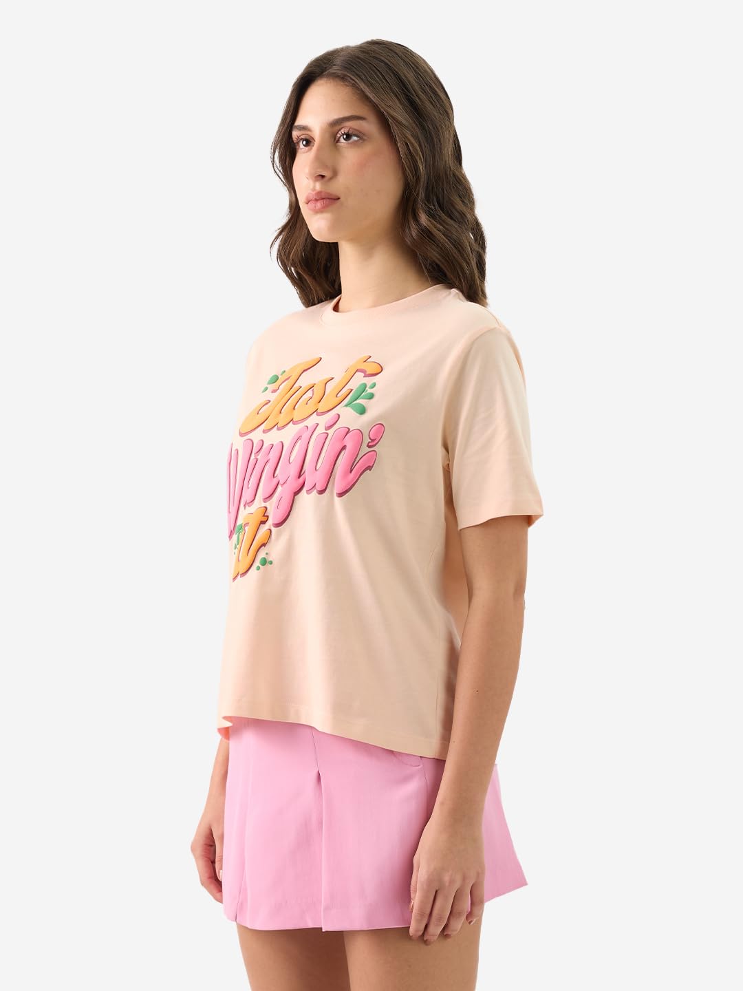 The Souled Store Just Wingin It Women and Girls Short Sleeve Round Neck Pink Puff Printed Regular Fit T-Shirts T-Shirts for Wom