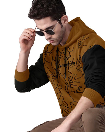 Eyebogler MenS Printed Cotton Blend Hooded Neck Full Sleeves Sweatshirt Mustard Black