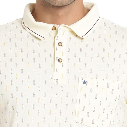 Turtle Men Cotton Cream Printed Polo Neck T-Shirts