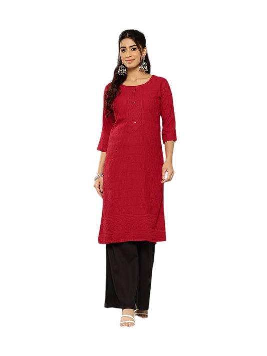 Aarika Womens Ethnic Wear Red Colour Cotton Chicken Embroidery Kurti