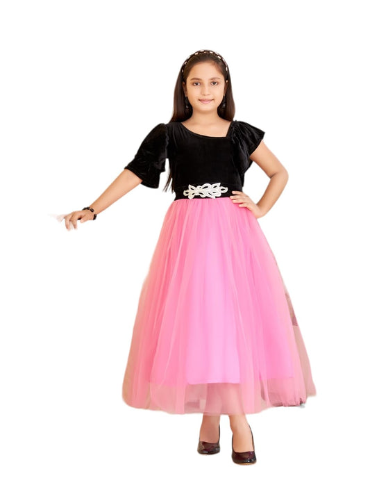 Aarika Girls Pink Colour Self Design Velvet/Net Gown (5-15 Years)