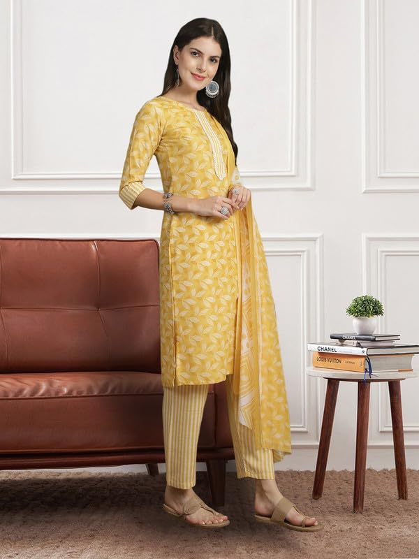Pinkmint Women Leaf Pattern Kurta & Lining Pant With Fancy Duppatta Set Ll Casual Wear Ll Cotton Formal Wear Yellow