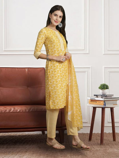 Pinkmint Women Leaf Pattern Kurta & Lining Pant With Fancy Duppatta Set Ll Casual Wear Ll Cotton Formal Wear Yellow
