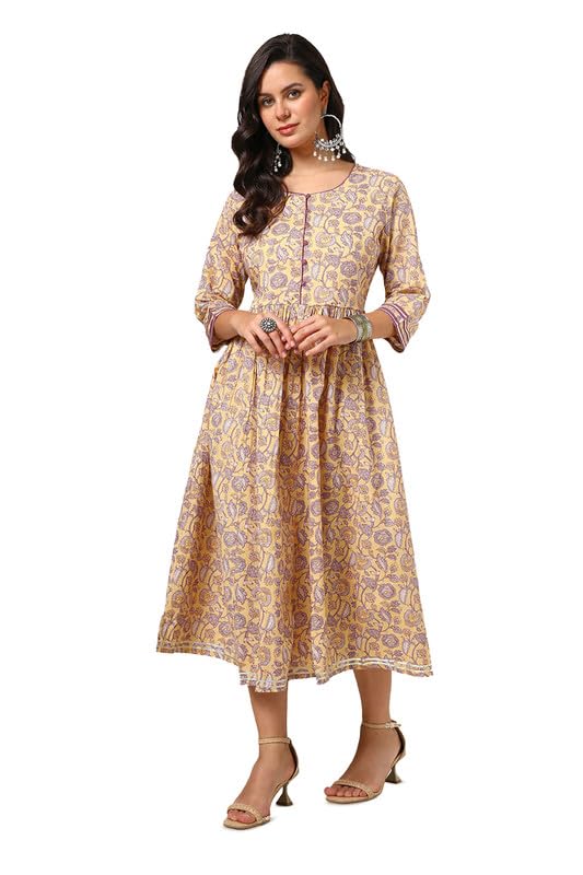 Soch Womens Yellow Cotton Kalamkari Dress