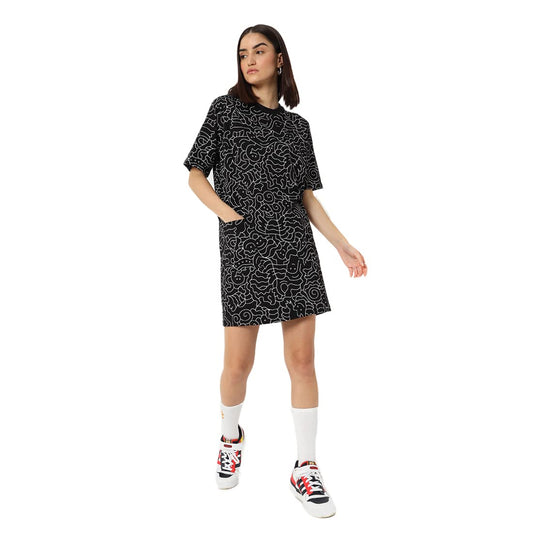 Bewakoof WomenS Black All Over Print Half Sleeve Round Neck Dress - Large