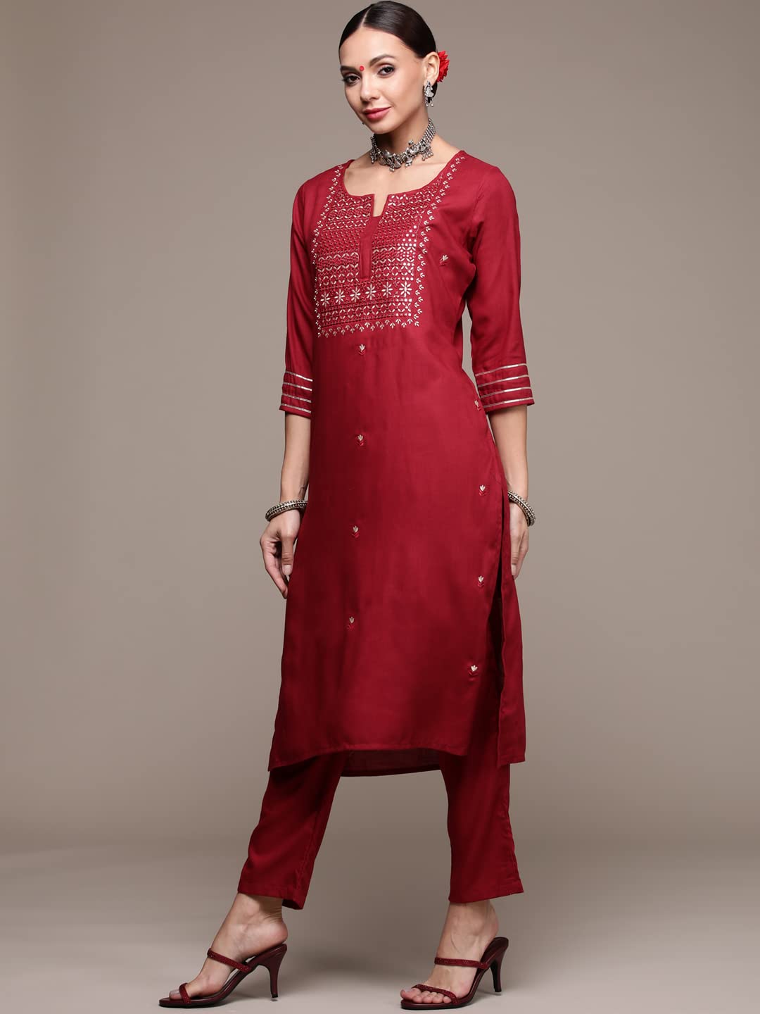 anubhutee Women's Rayon Maroon Floral Embroidered Straight Kurta Suit Set With Pants And Dupatta